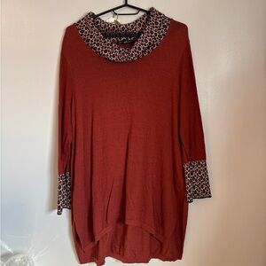 Parkhurst Rust Cowl Neck Sweater with Leopard Trim